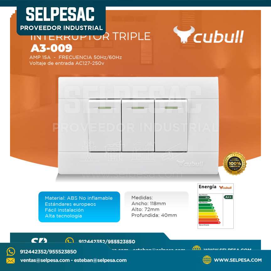 CUBULL - INTERRUPTOR TRIPLE A3-009 - A3- 009 15A AMP AC127-250V FREC. 50/60HZ  - ABS CE