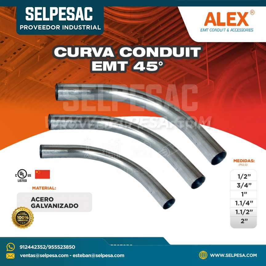 ALEX CONDUIT - CURVA CONDUIT EMT 45° ACERO GALVANIZADO CON UL