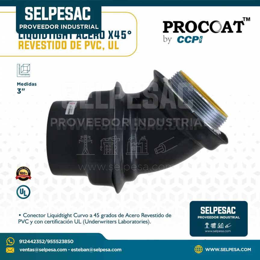 PROCOAT - CONECTOR CURVO LIQUIDTIGHT ACERO X45° REVESTIDO DE PVC, UL