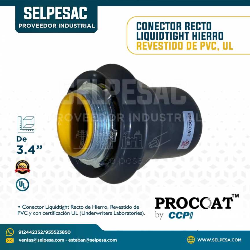PROCOAT - CONECTOR RECTO LIQUID TIGHT HIERRO 3/4´´ REVESTIDO DE PVC, UL