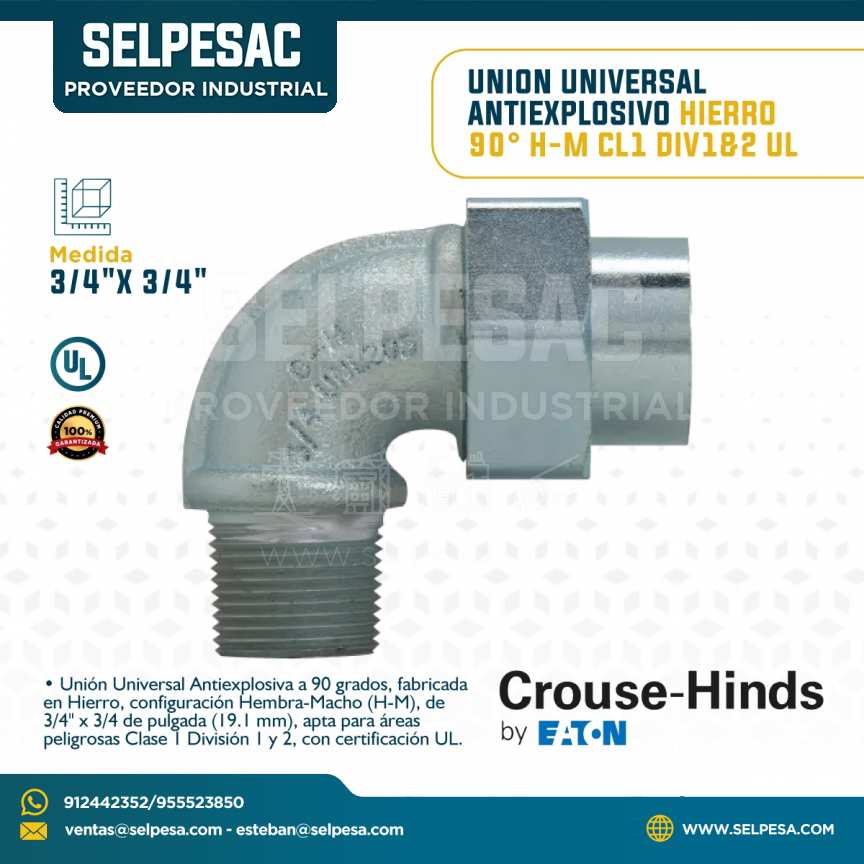 CROUSE HINDS - UNIÓN UNIVERSAL ANTIEXPLOSIVO HIERRO 90° H-M 3/4´´ x 3/4´´ CL1 DIV 1&2 UL