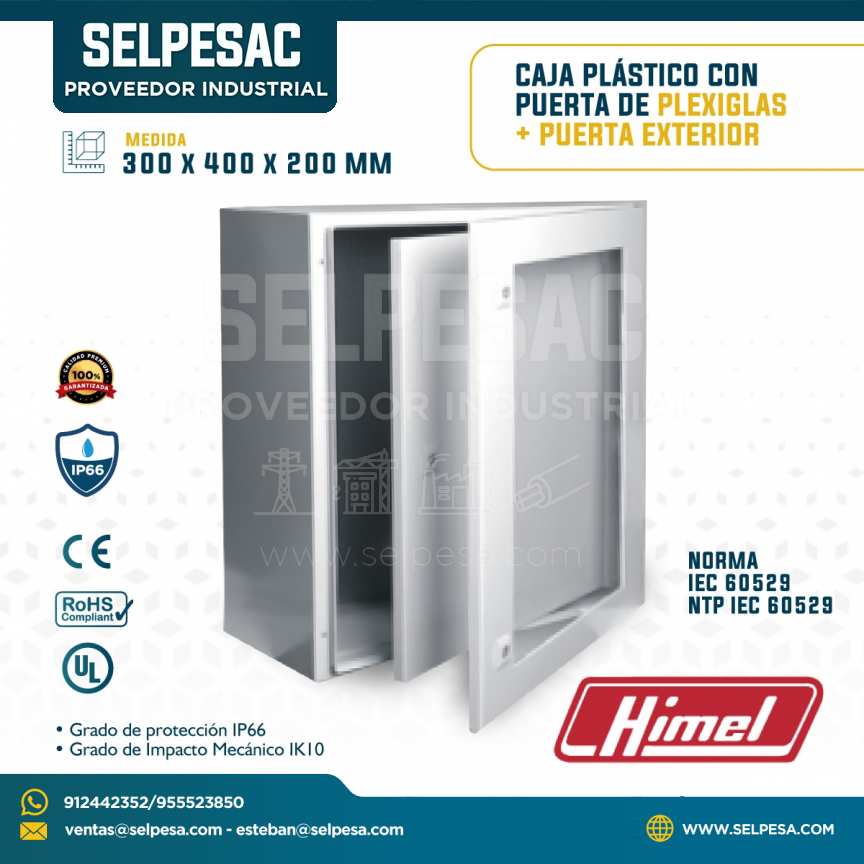 HIMEL  - CAJA PLÁSTICA CON PUERTA DE PLEXIGLAS + PUERTA EXTERIOR 300X400X200MM IP66