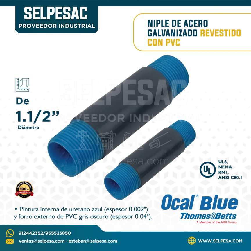OCAL BLUE - NIPLE DE ACERO GALVANIZADO REVESTIDO CON PVC 1.1/2´´