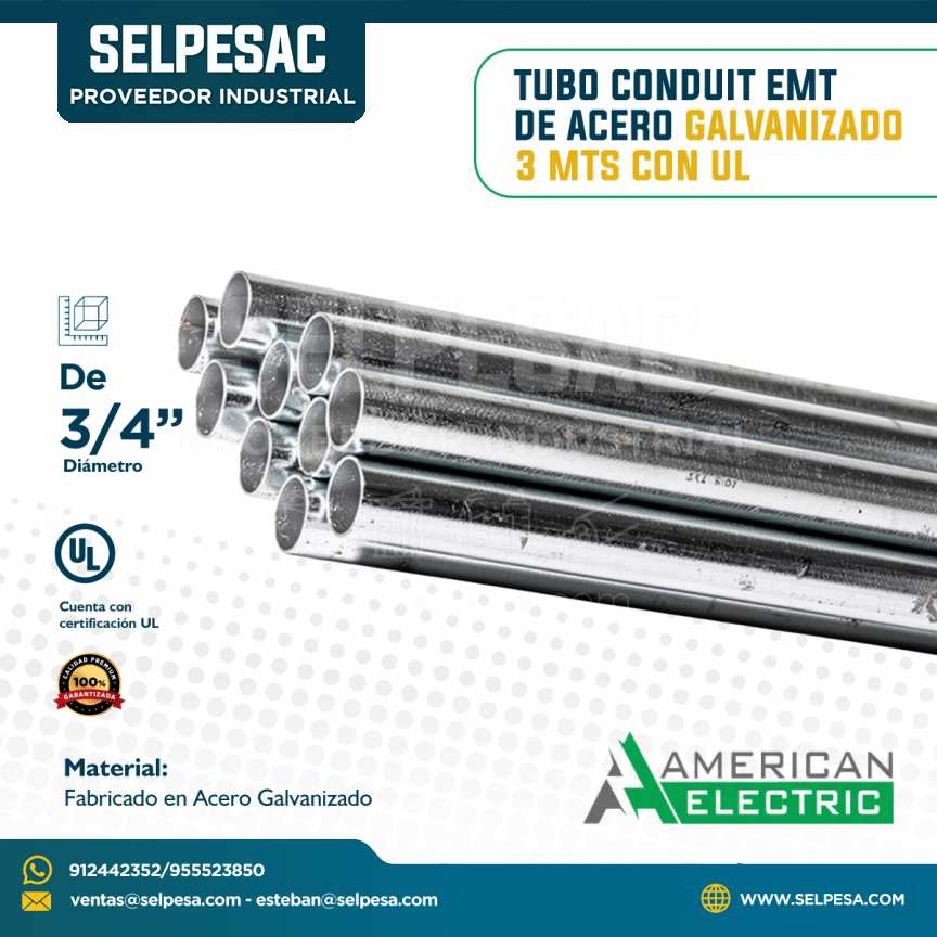 AMERICAN ELECTRIC - TUBO CONDUIT EMT DE ACERO GALVANIZADO 3 MTS CON UL 3/4´´