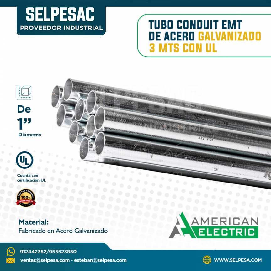 AMERICAN ELECTRIC -TUBO CONDUIT EMT DE ACERO GALVANIZADO 3 MTS CON UL 1´´