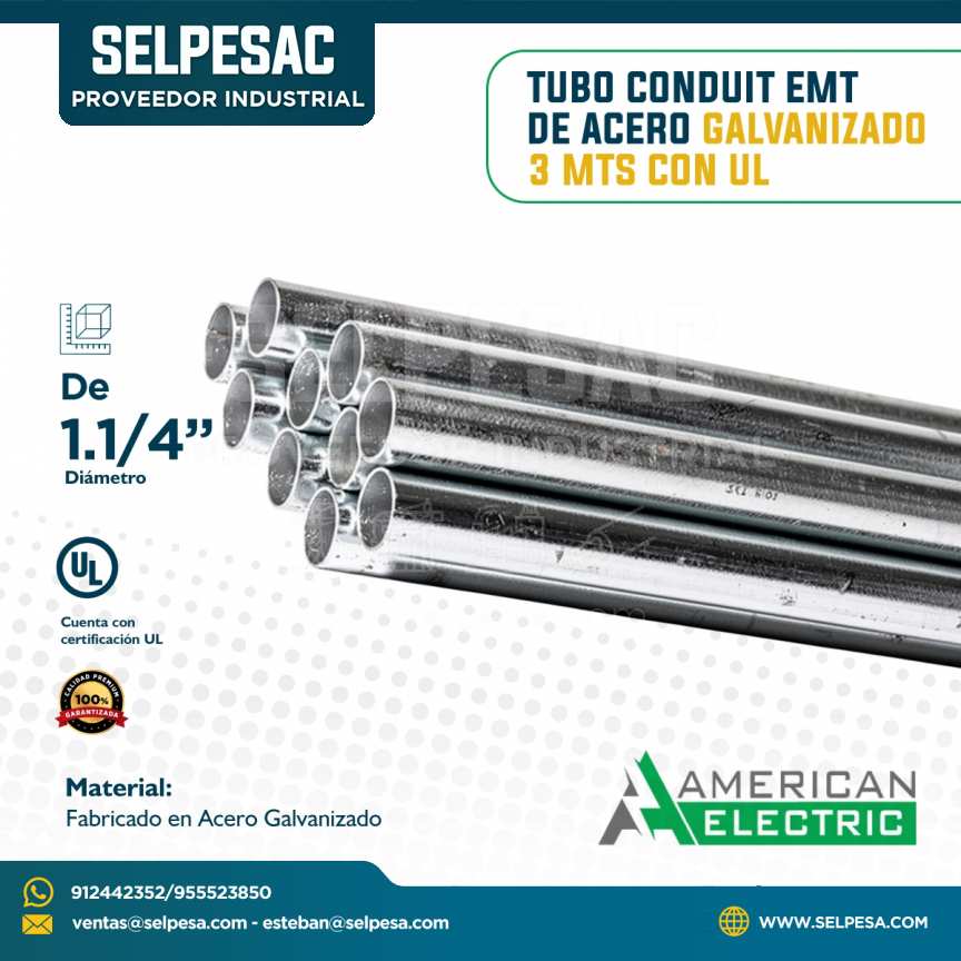 AMERICAN ELECTRIC -TUBO CONDUIT EMT DE ACERO GALVANIZADO 3 MTS CON UL 1.1/4´´