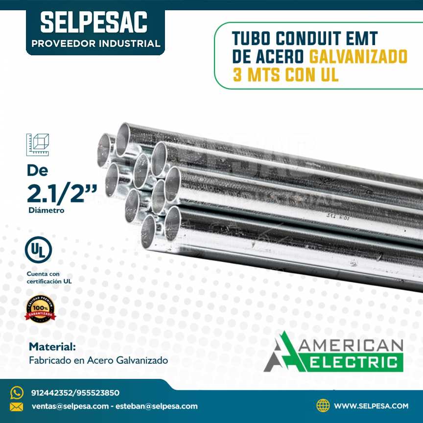 AMERICAN ELECTRIC -TUBO CONDUIT EMT DE ACERO GALVANIZADO 3 MTS CON UL 2.1/2´´