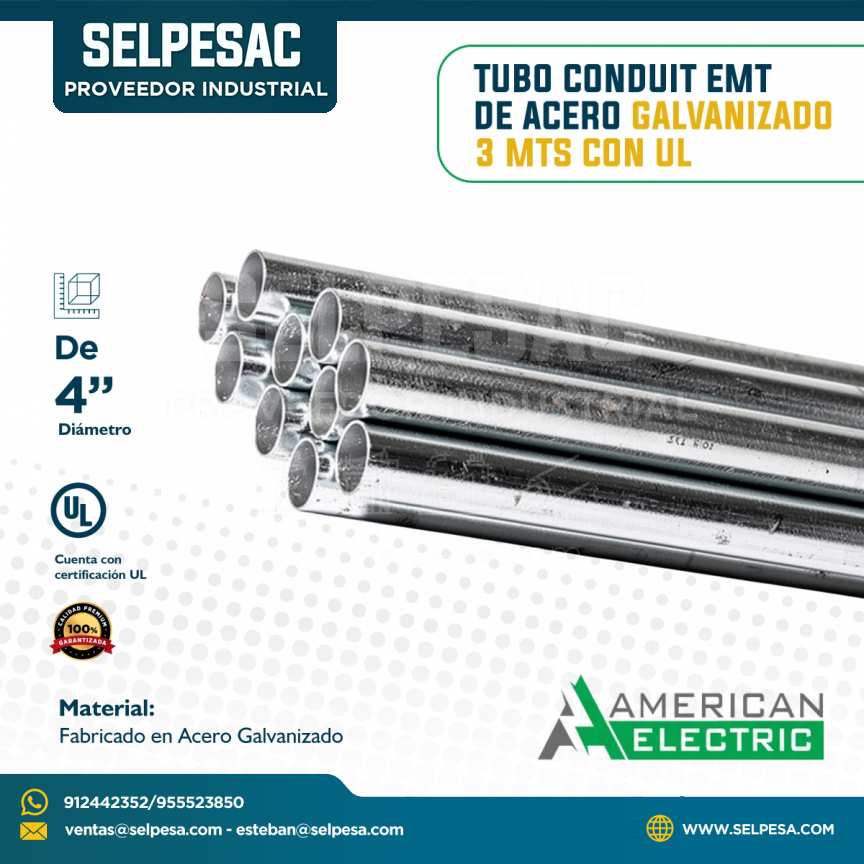 AMERICAN ELECTRIC -TUBO CONDUIT EMT DE ACERO GALVANIZADO 3 MTS CON UL 4´´
