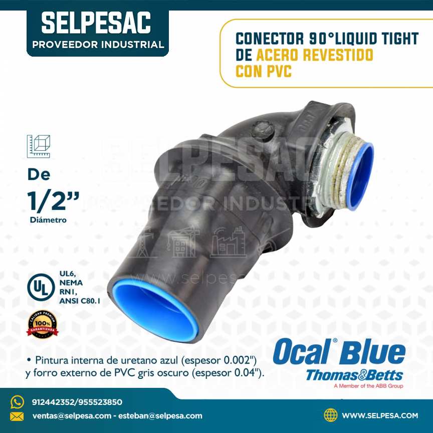 OCAL BLUE - CONECTOR 90° LIQUID TIGHT DE ACERO REVESTIDO CON PVC 1/2´´