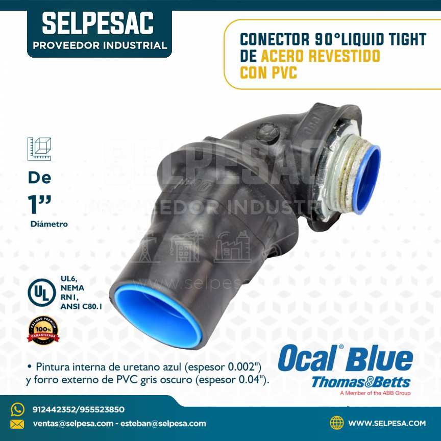 OCAL BLUE - CONECTOR 90° LIQUID TIGHT DE ACERO REVESTIDO CON PVC 1´´