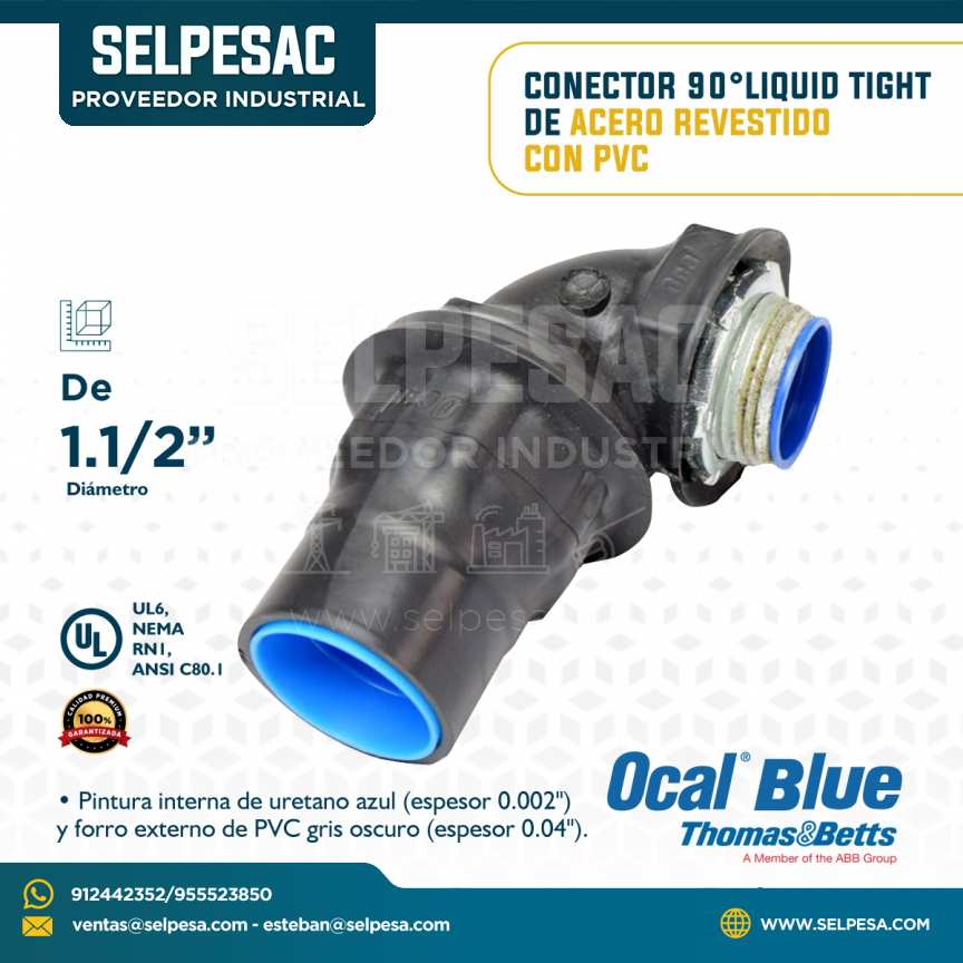 OCAL BLUE - CONECTOR 90° LIQUID TIGHT DE ACERO REVESTIDO CON PVC 1.1/2´´