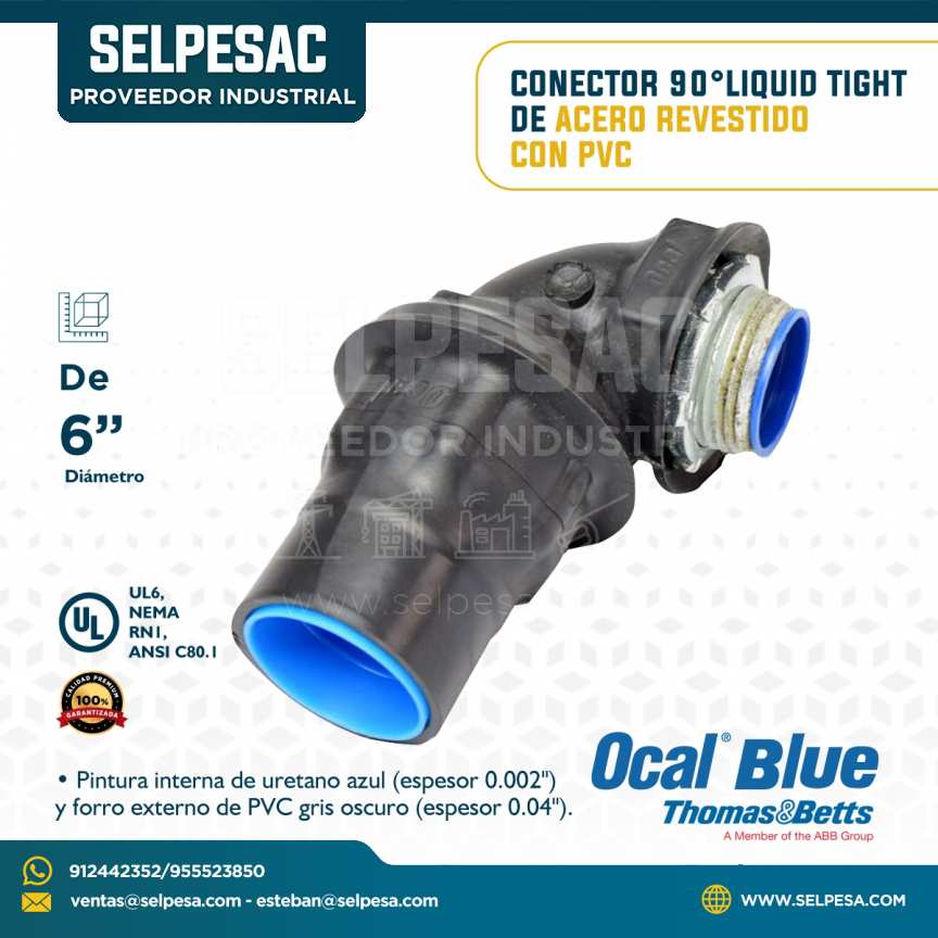 OCAL BLUE - CONECTOR 90° LIQUID TIGHT DE ACERO REVESTIDO CON PVC 6´´