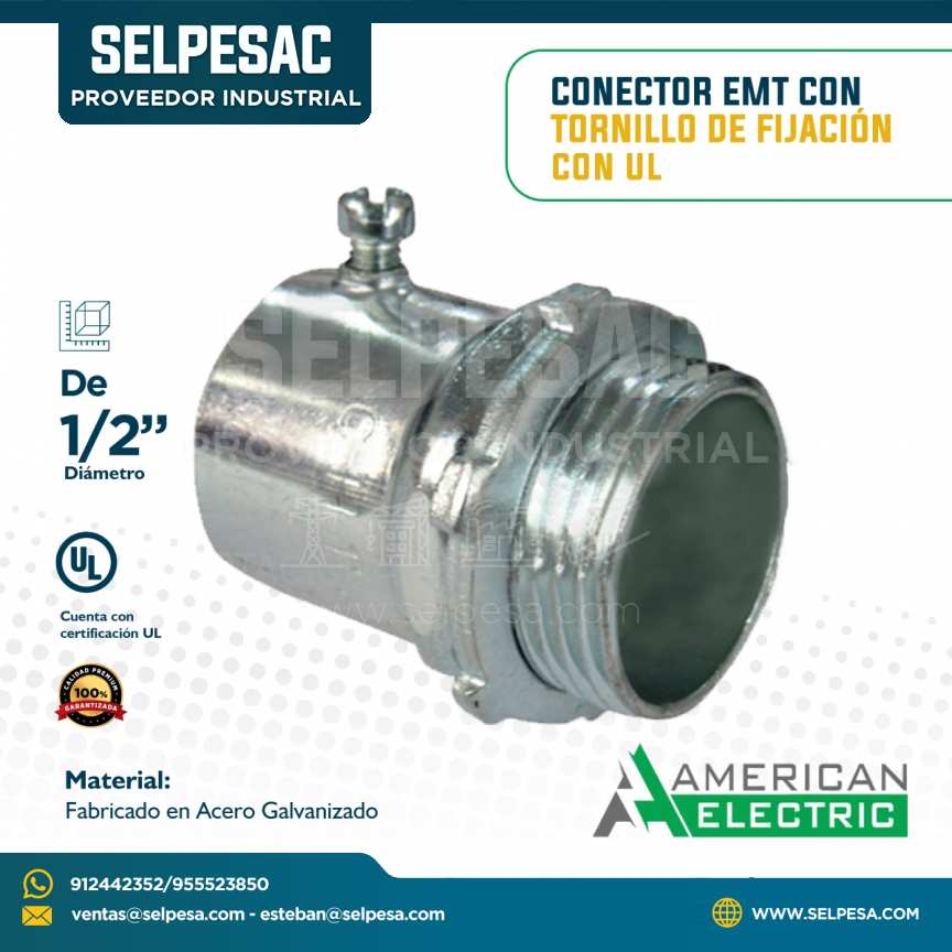 AMERICAN ELECTRIC - CONECTOR EMT CON TORNILLO DE FIJACIÓN CON UL 1/2´´