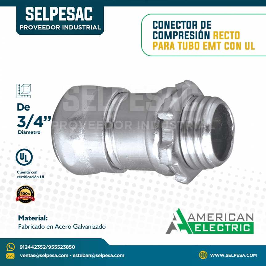 AMERICAN ELECTRIC - CONECTOR DE COMPRESIÓN RECTO PARA TUBO EMT CON UL  3/4´´