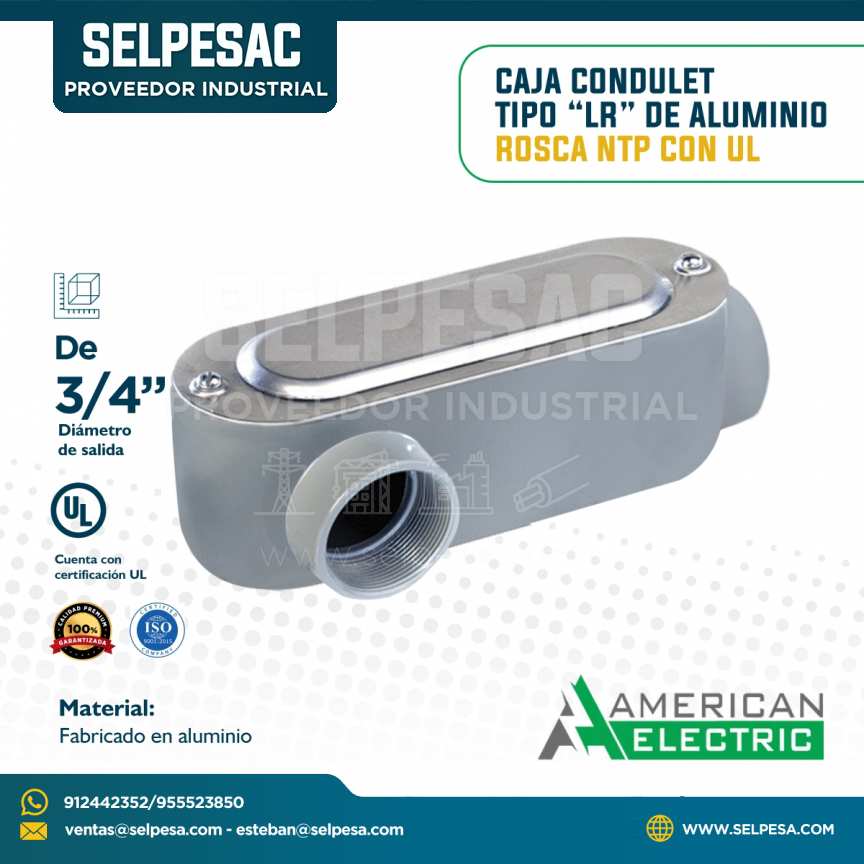 AMERICAN ELECTRIC - CAJA CONDULET TIPO LR DE ALUMINIO ROSCA NTP CON UL 3/4´´