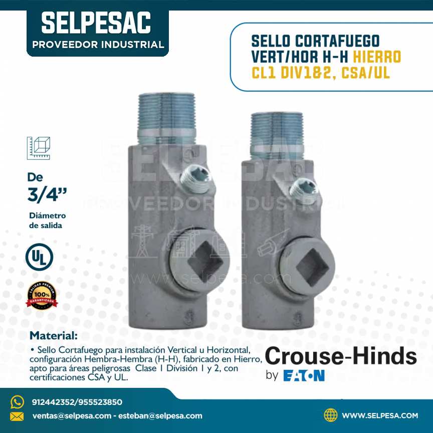 EATON CROUSE HINDS - SELLO CORTAFUEGO VERT-HOR H-H HIERRO CL1 DIV 162, CSA-UL 3/4´´