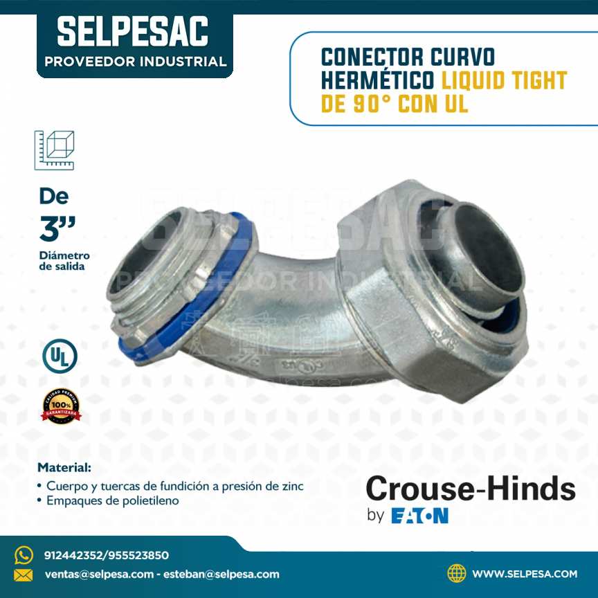 CROUSE HINDS - CONECTOR CURVO HERMÉTICO LIQUID TIGHT DE 90° C/UL 3´´