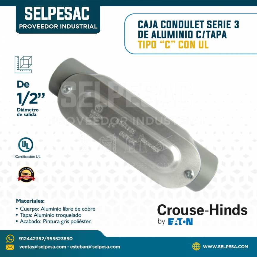 CROUSE HINDS - CAJA CONDULET SERIE 3 DE ALUMINIO C/TAPA TIPO ´´C´´ CON UL 1/2´´