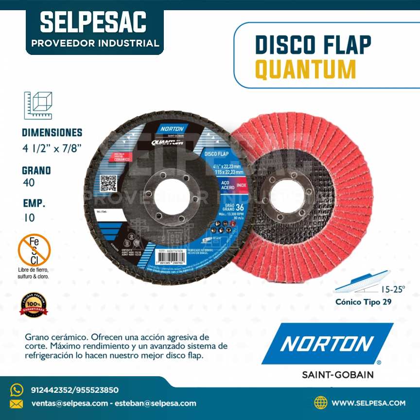 NORTON - DISCO FLAP QUANTUM GRANO CERÁMICO 40 - 4.1/2´´ X 7/8´´