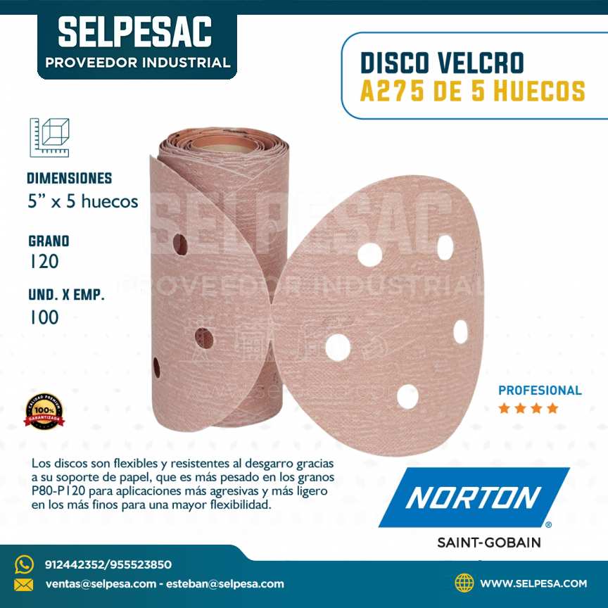NORTON - DISCO VELCRO A275 GRANO 120 - 5´´ X 5 HUECOS