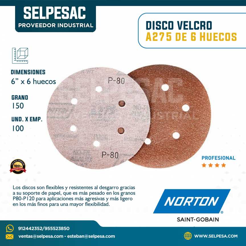 NORTON - DISCO VELCRO A275 GRANO 150 - 6´´ X 6 HUECOS