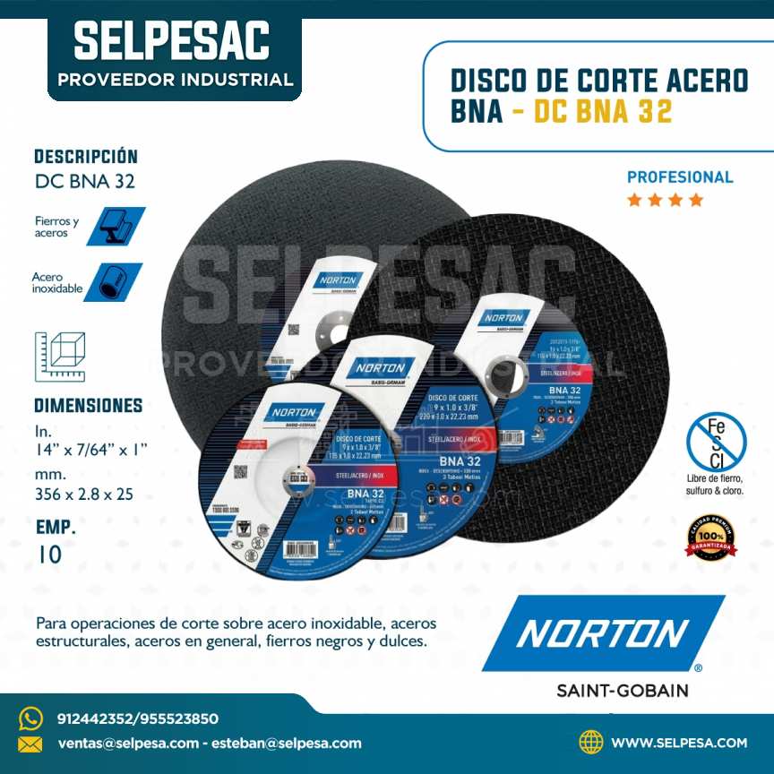 NORTON - DISCO DE CORTE ACERO BNA 32 - 14´´ x 7/64´´ x 1´´