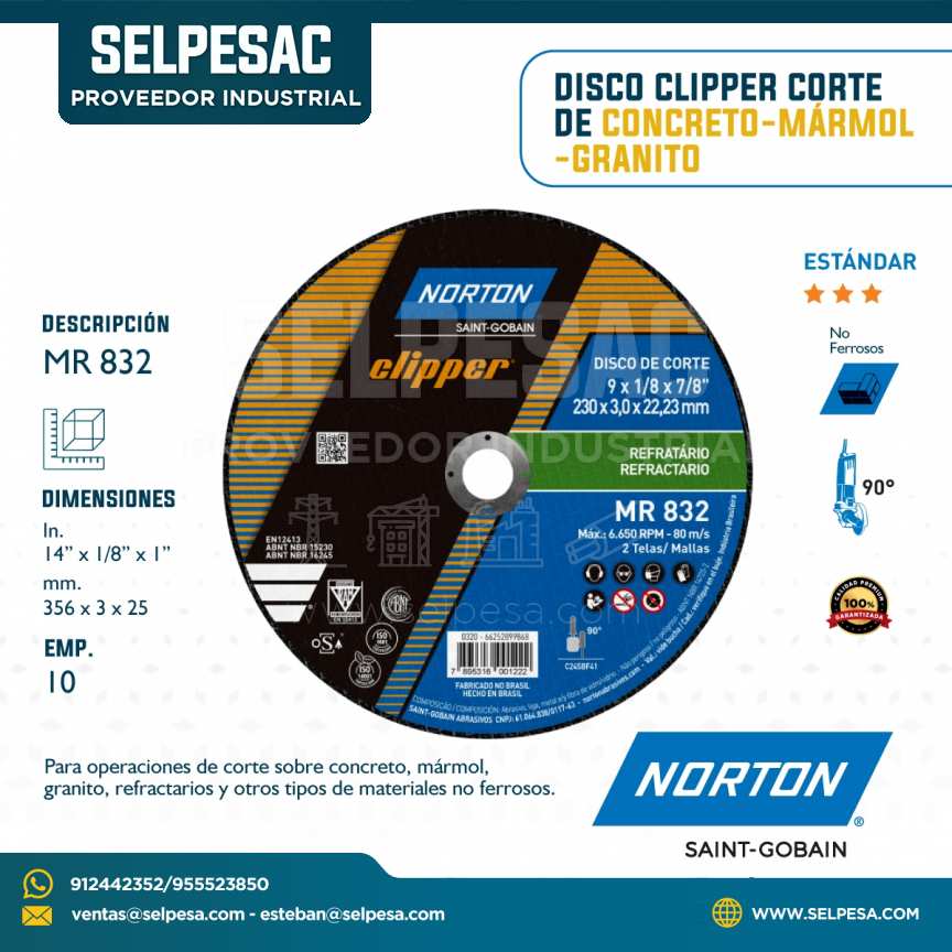 NORTON - DISCO CLIPPER CORTE DE CONCRETO-MÁRMOL-GRANITO MR832 - DIMEN. 14´´ x 1/8´´ x 1´´
