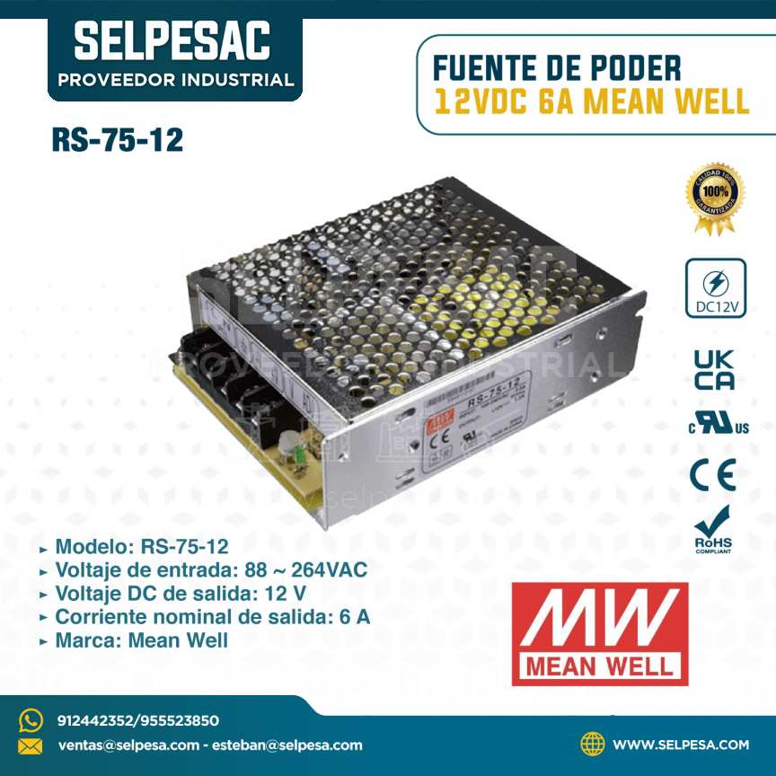 MEAN WELL - FUENTE DE PODER RS 75-12 - 75W 12VDC 6A
