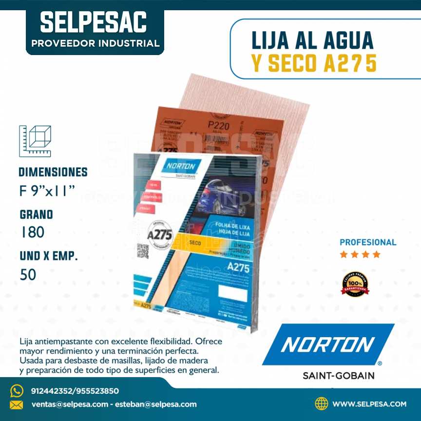 NORTON - LIJA AL AGUA Y SECO A275 DIMEN. F 9´´X 11´´ GRANO 180