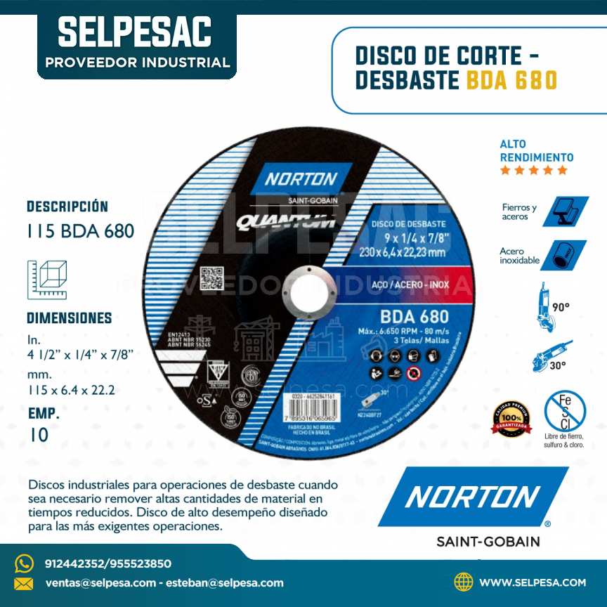 NORTON - DISCO DE CORTE DESBASTE 115 BDA 680 DIMEN. 4.1/2´´ X 1/4´´ X 7/8´´