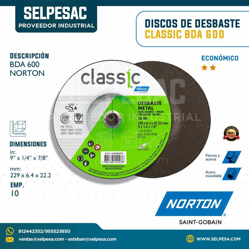 NORTON - DISCO DE CORTE DESBASTE CLASSIC BDA 600 DIMEN. 9´´ X 1/4´´ X 7/8´´
