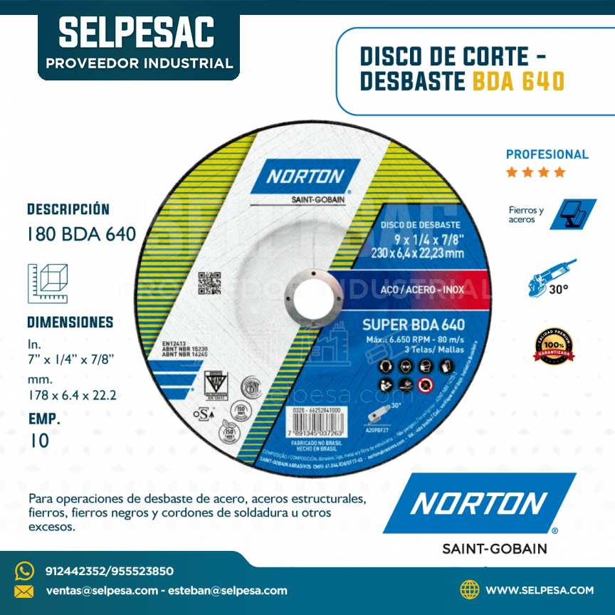NORTON - DISCO DE CORTE DESBASTE 180 BDA 640 DIMEN. 7´´ X 1/4´´ X 7/8´´