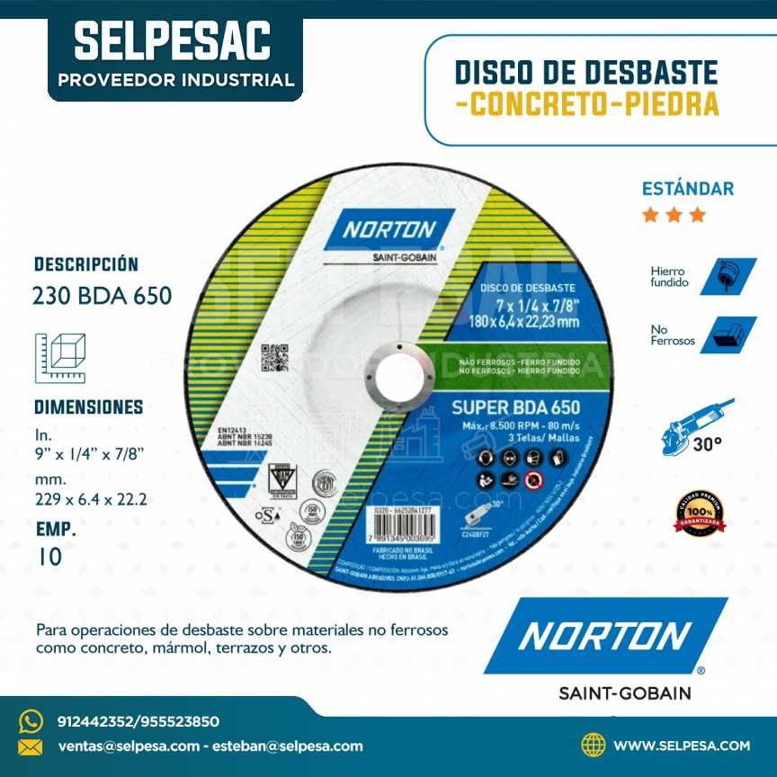 NORTON - DISCO DE CORTE DESBASTE BDA 650 CONCRETO PIEDRA - DIMEN. 9´´ X 1/4´´ X 7/8´´