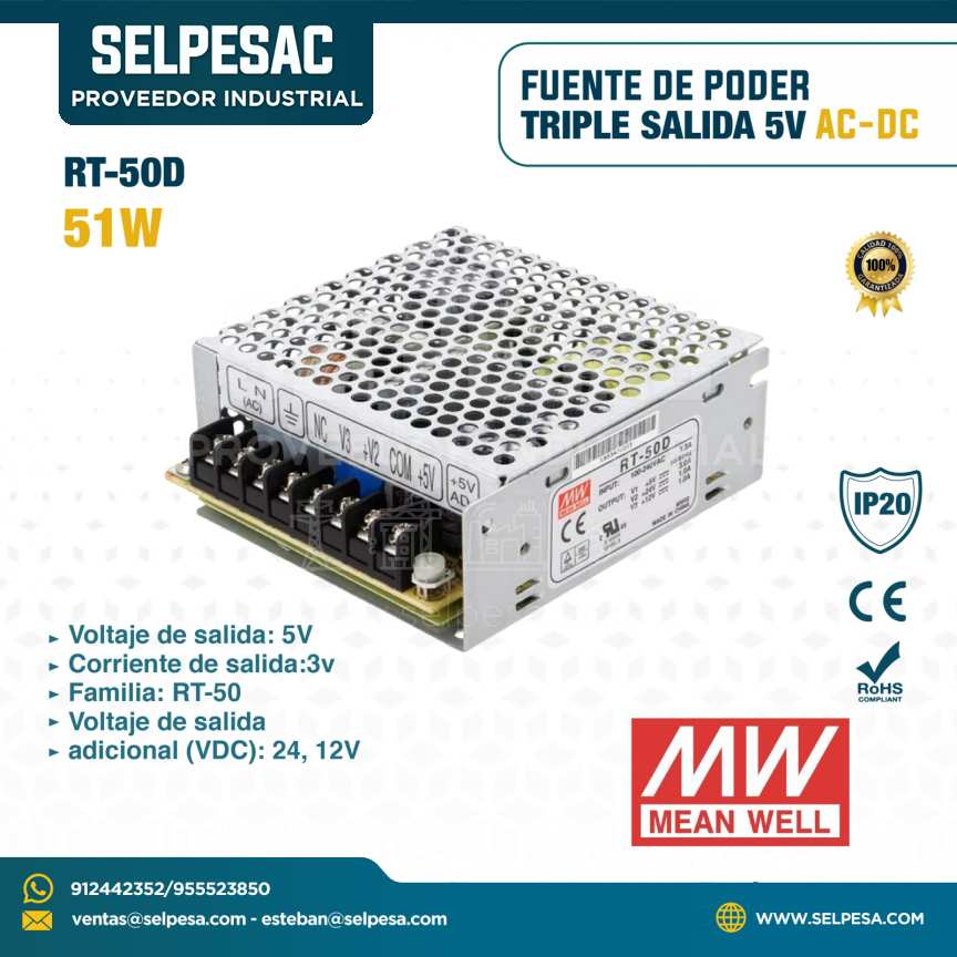 MEAN WELL - FUENTE DE PODER RT-50D TRIPLE SALIDA 5V AC-DC 51W