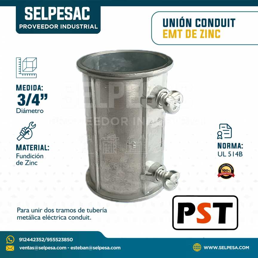 PST - UNIÓN CONDUIT EMT DE ZINC CON UL 3/4´´