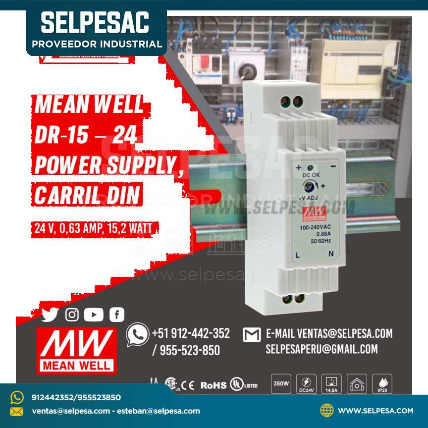 MEAN WELL  DR-15 – 24  FUENTE DE ALIMENTACIÓN,  CARRIL DIN