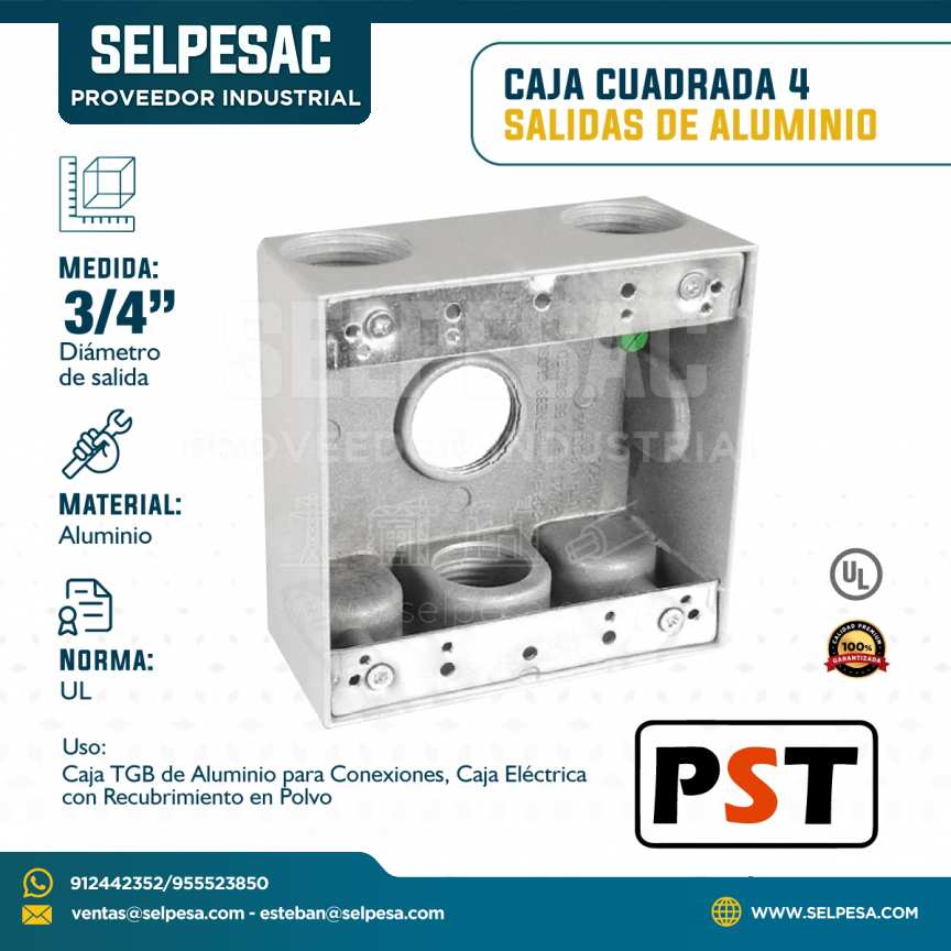 PST -  CAJA CUADRADA DE 4 SALIDAS DE 3/4´´ DE ALUMINIO CON UL