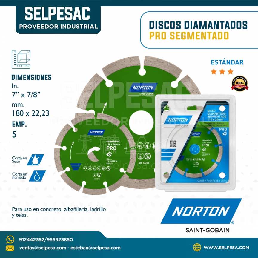NORTON - DISCOS DIAMANTADOS PRO SEGMENTADO DIMEN. 7´´ X 7/8´´
