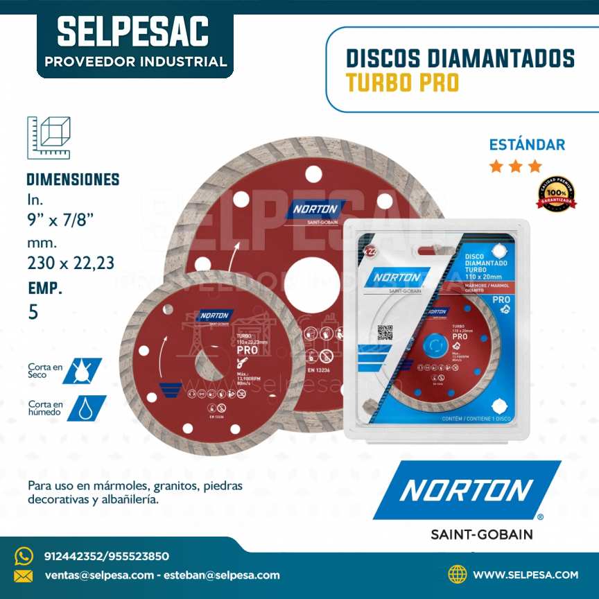NORTON - DISCOS DIAMANTADOS TURBO PRO DIMEN. 9´´ X 7/8´´