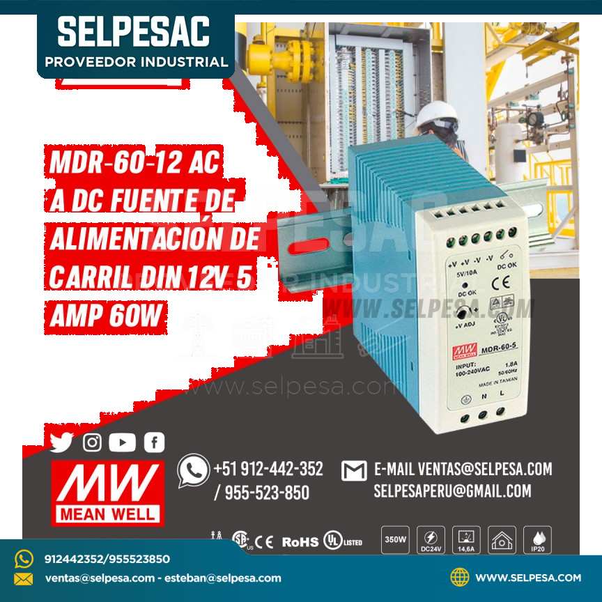 FUENTE DE  ALIMENTACION DE CARRIL DIN MDR-60-12 AC  A DC