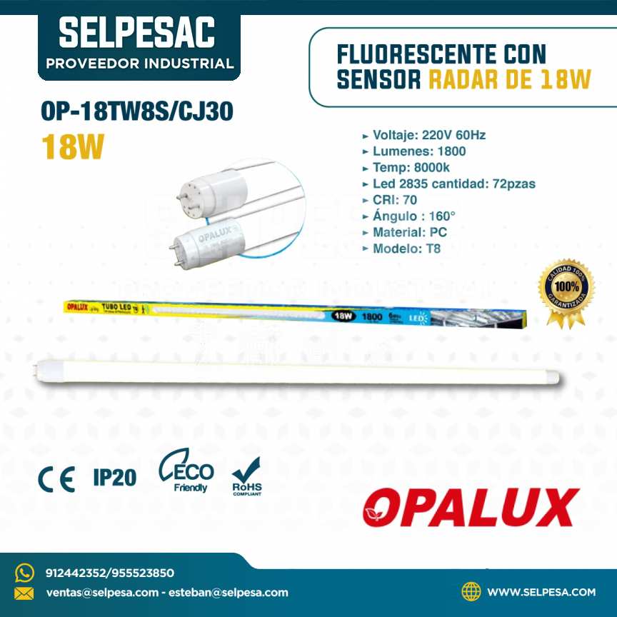 OPALUX - FLUORESCENTE CON SENSOR RADAR DE 18 W 1800 LUM. OP-18TW8S-CJ30