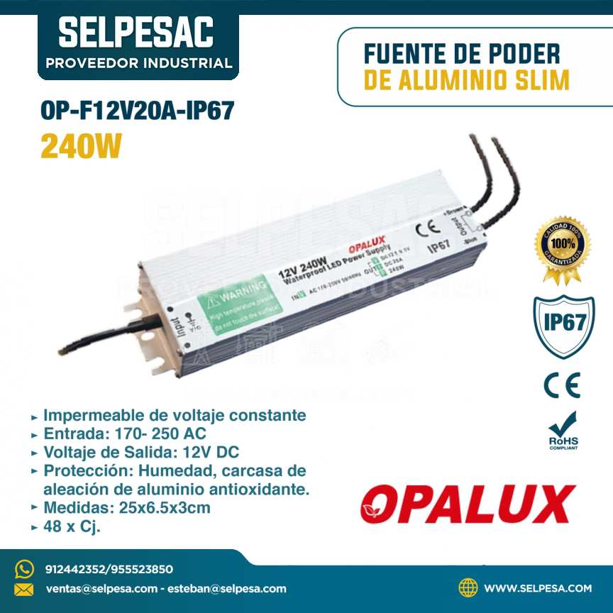 OPALUX - FUENTE DE PODER DE ALUMINIO SLIM 20A 240W 12V DC - IP67 - OP-F12V20A-IP67
