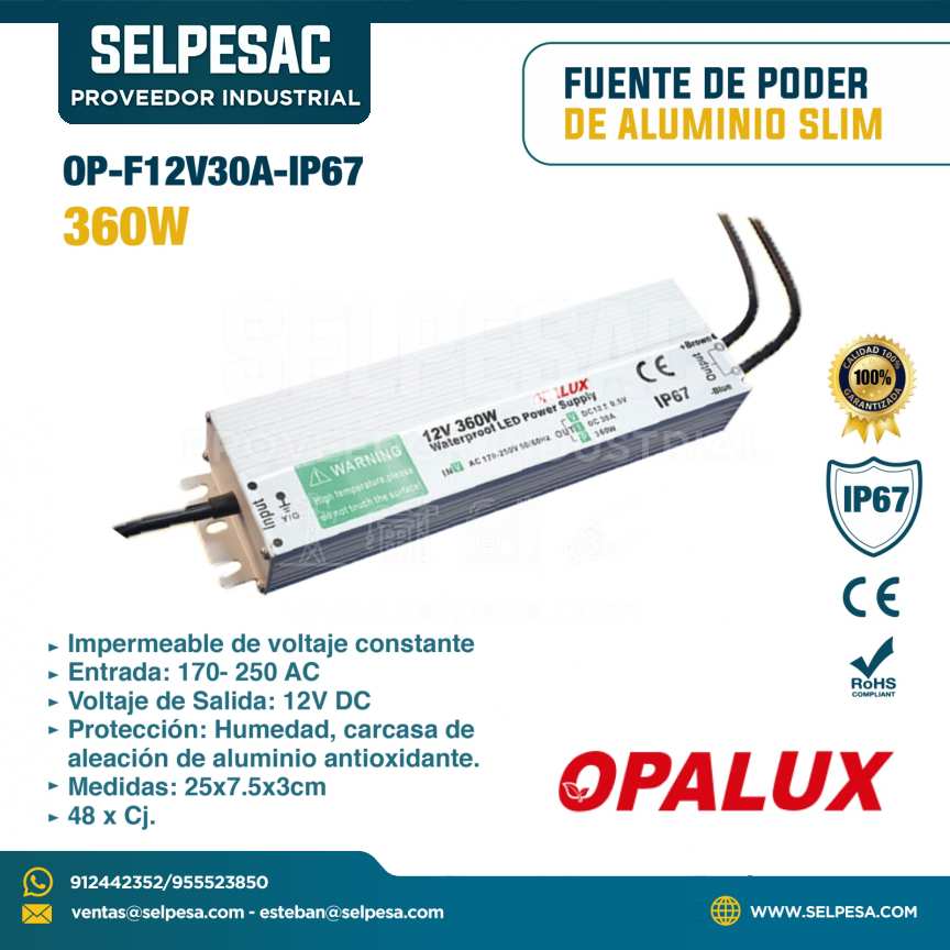 OPALUX - FUENTE DE PODER DE ALUMINIO SLIM 30A 360W 12V DC - IP67 - OP-F12V30A-IP67