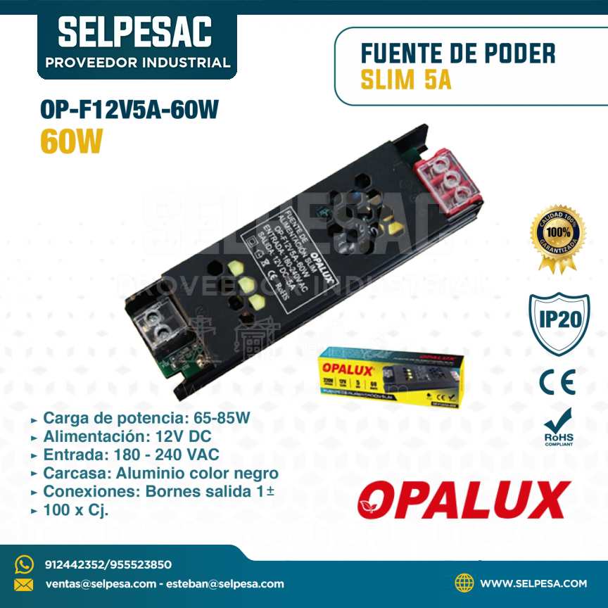 OPALUX - FUENTE DE PODER SLIM 5A 60W 12V DC - IP20 - OP-F12V5A-60W