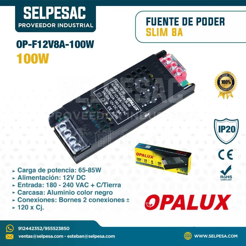 OPALUX - FUENTE DE PODER SLIM 8A 100W 12V DC - IP20 - OP-F12V8A-100W