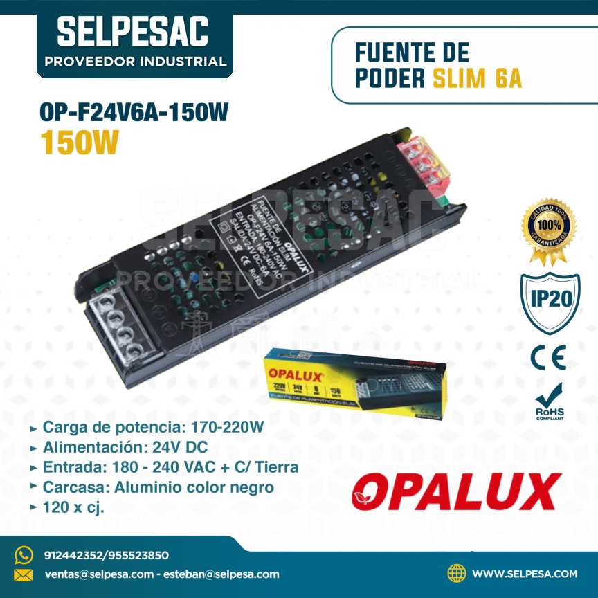 OPALUX - FUENTE DE PODER SLIM 6A 150W 24V DC  - IP20 OP-F24V6A-150W