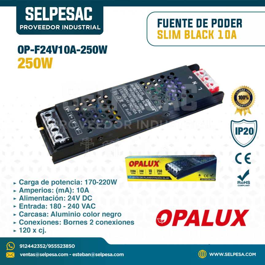 OPALUX - FUENTE DE PODER SLIM BLACK 10A 250W 24V DC - IP20 - OP-F24V10A-250W