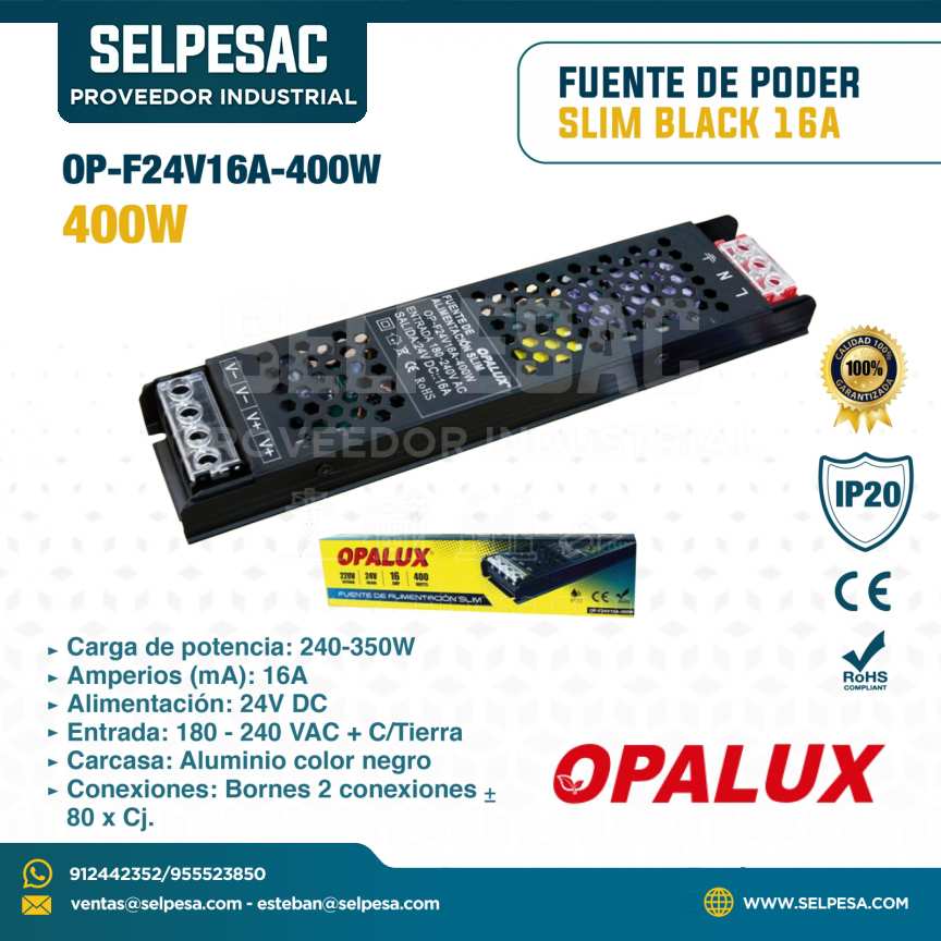 OPALUX - FUENTE DE PODER SLIM BLACK 16A 400W 24V DC - IP20 - OP-F24V16A-400W