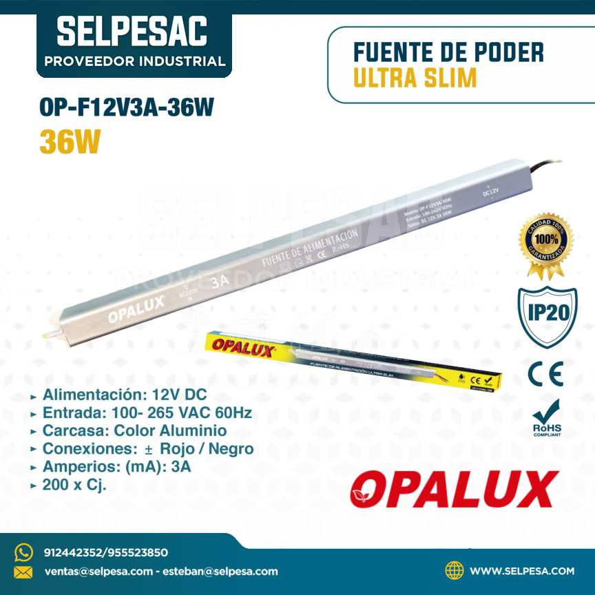 OPALUX - FUENTE DE PODER ULTRA SLIM 3A 36W 12V DC - IP20 - OP-F12V3A-36W