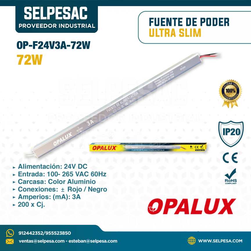 OPALUX - FUENTE DE PODER ULTRA SLIM 3A 72W 24V DC - IP20 - OP-F24V3A-72W